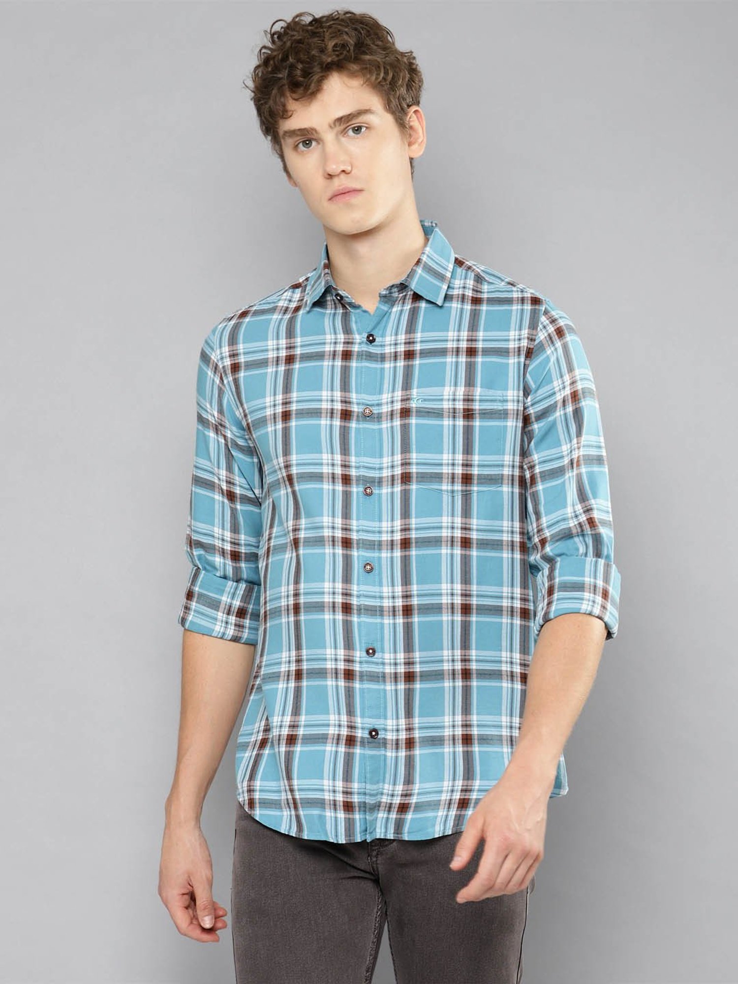 Allen cooper Blue Regular Fit Check Cotton Shirt