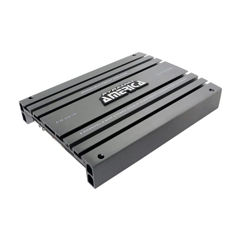 Pyramid PB3818 5000 Watt 2 Channel Slim Bodied Car Audio Bridgeable MOSFET Power Amplifier with Variable Bass Boost, Gain Control, &Crossovers, Silver