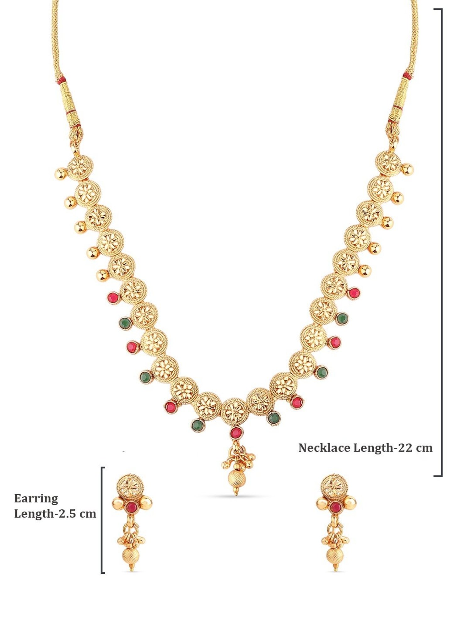 Fida Ethnic Gold-Plated Red & Green Stone Studded Floral & Ghungroo Temple Necklace Set for Women