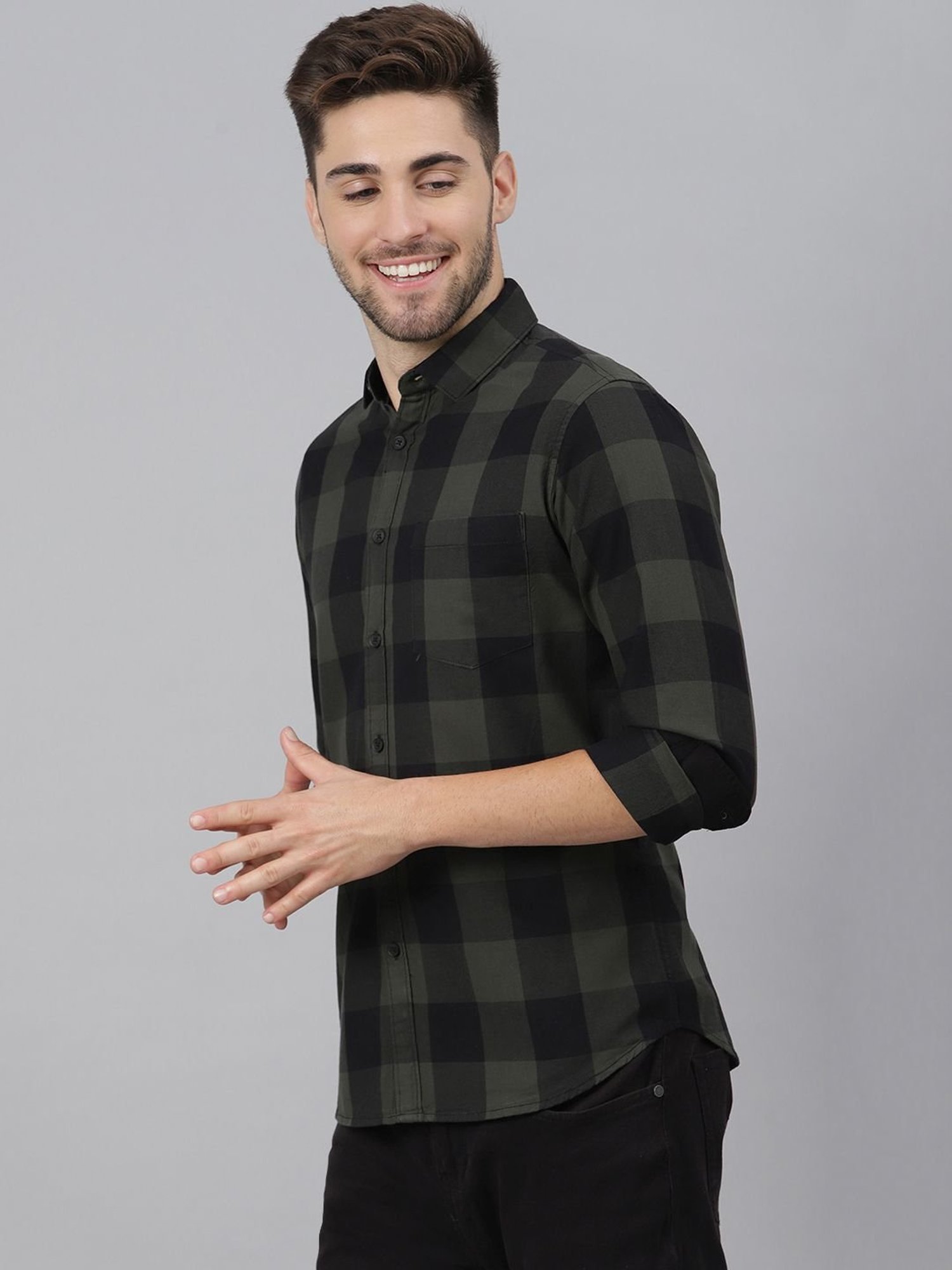 Dennis Lingo Olive & Black Cotton Slim Fit Checks Shirt