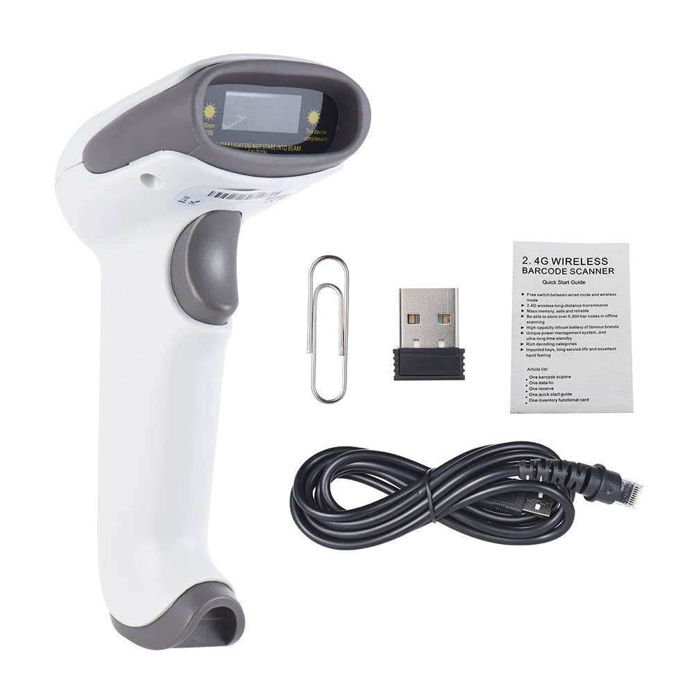 2.4G Wireless Handheld Barcode Bar Code Scanner Reader with Receiver USB2.0 Cable for Supermarket Library Express Company Retail Store Warehouse