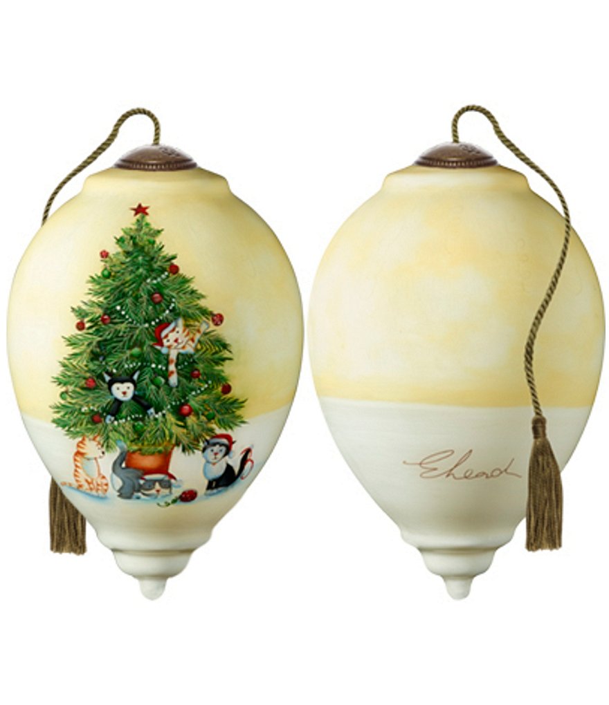 Ne' Qwa Art Christmas Tree Cats Hand Painted Glass Finial Ornament
