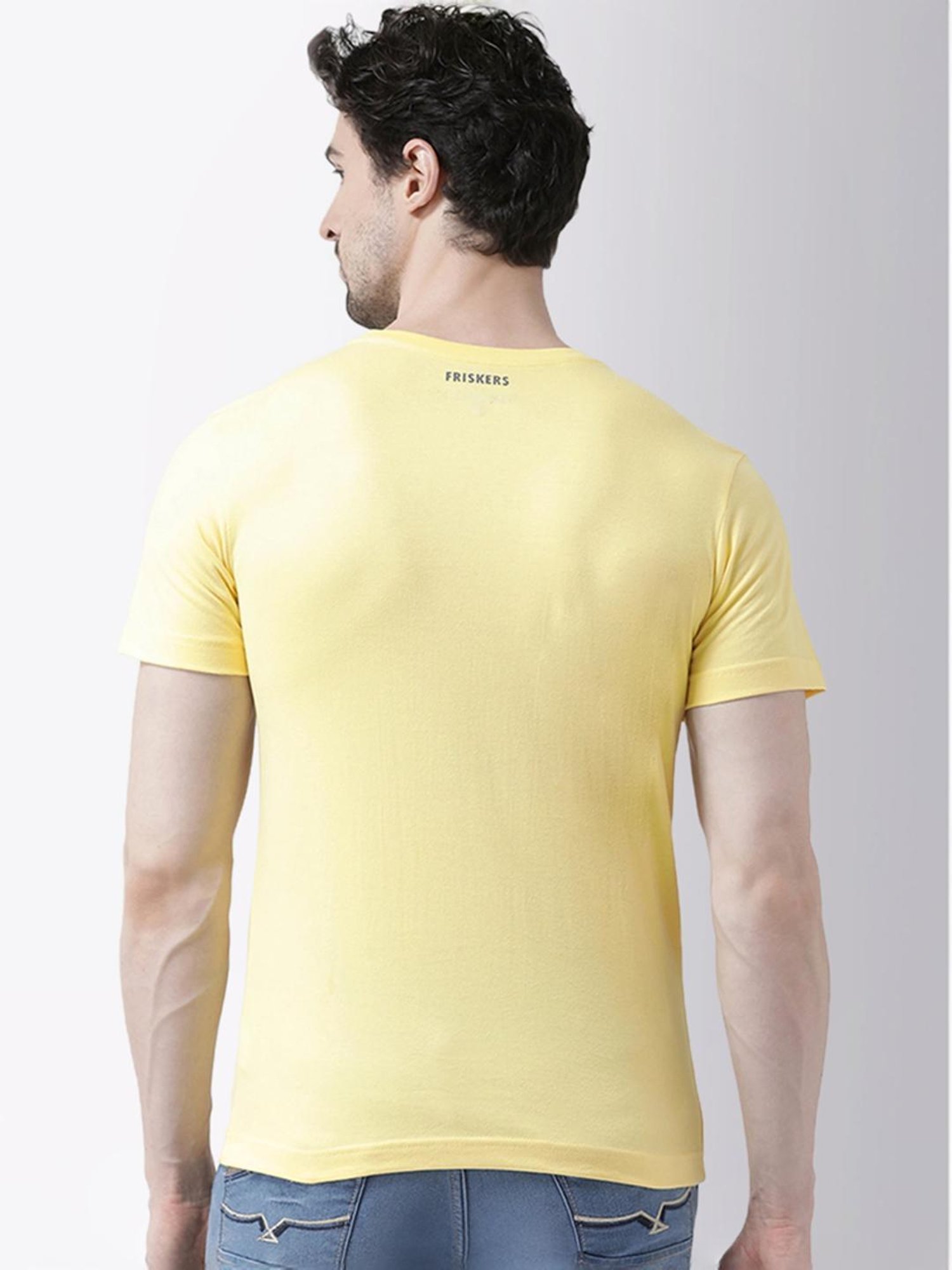 Friskers Yellow Cotton Slim Fit Printed T-Shirt