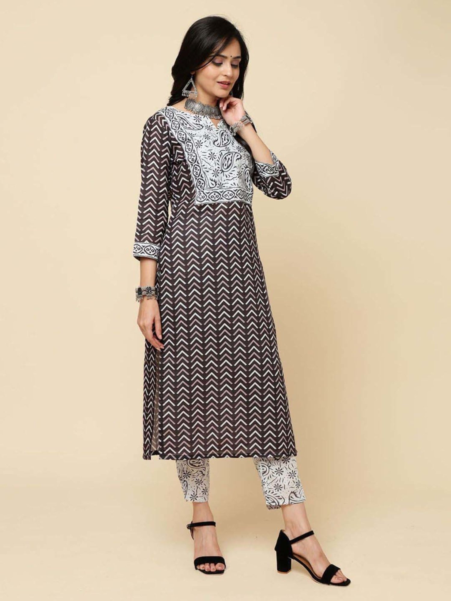 Odette Black Printed Kurta & Pant Set with Dupatta