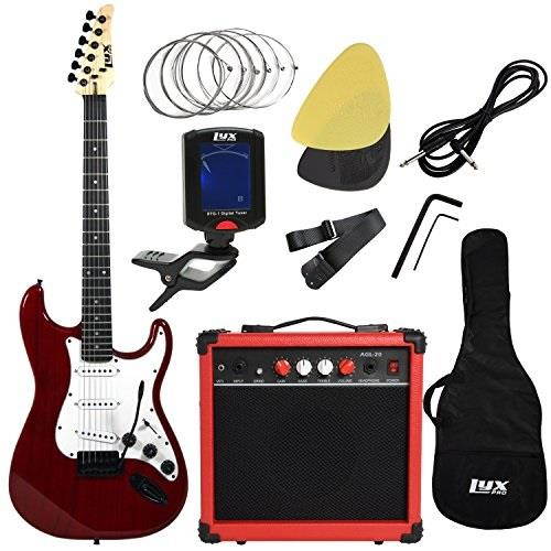 LyxPro Electric Guitar with 20w Amp, Package Includes All Accessories, Digital Tuner, Strings, Picks, Tremolo Bar, Shoulder Strap, and Case Bag Complete Beginner Starter kit Pack Full Size