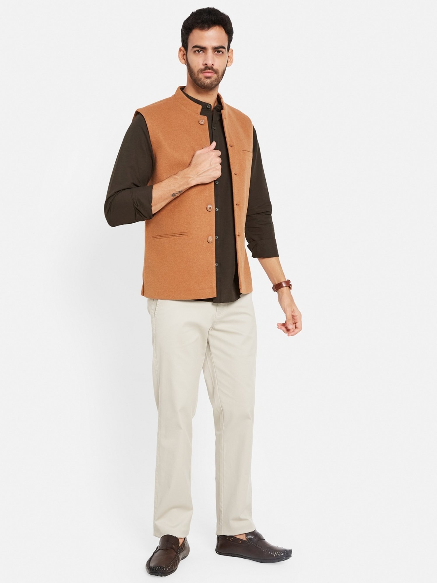 METTLE Tan Cotton Linen Regular Fit Nehru Jacket