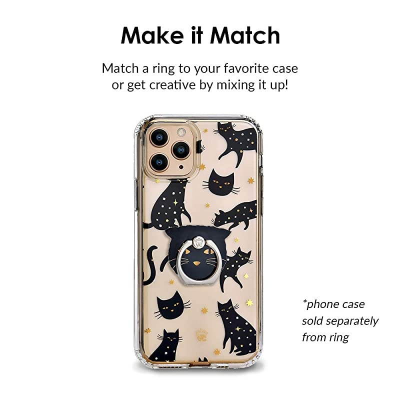 Cell Phone Ring Holder - Finger Ring & Stand - Improves Phone Grip Compatible with iPhone, Galaxy and Most Cases (Except Silicone/Leather) - Black Cat