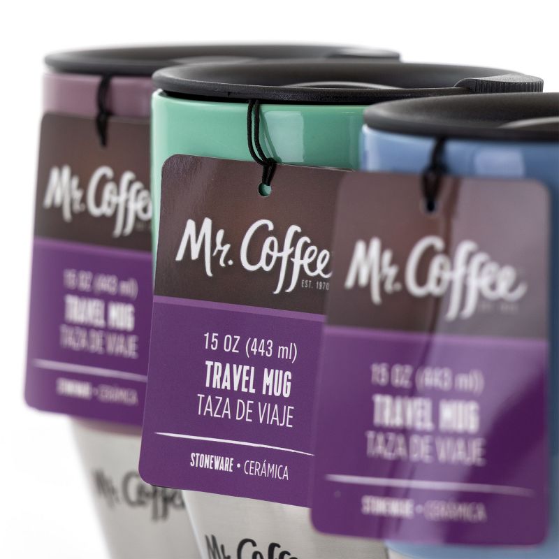 Mr. Coffee Couplet Pastel 3 Piece 15 Ounce Stoneware and Stainless Steel Travel Cups