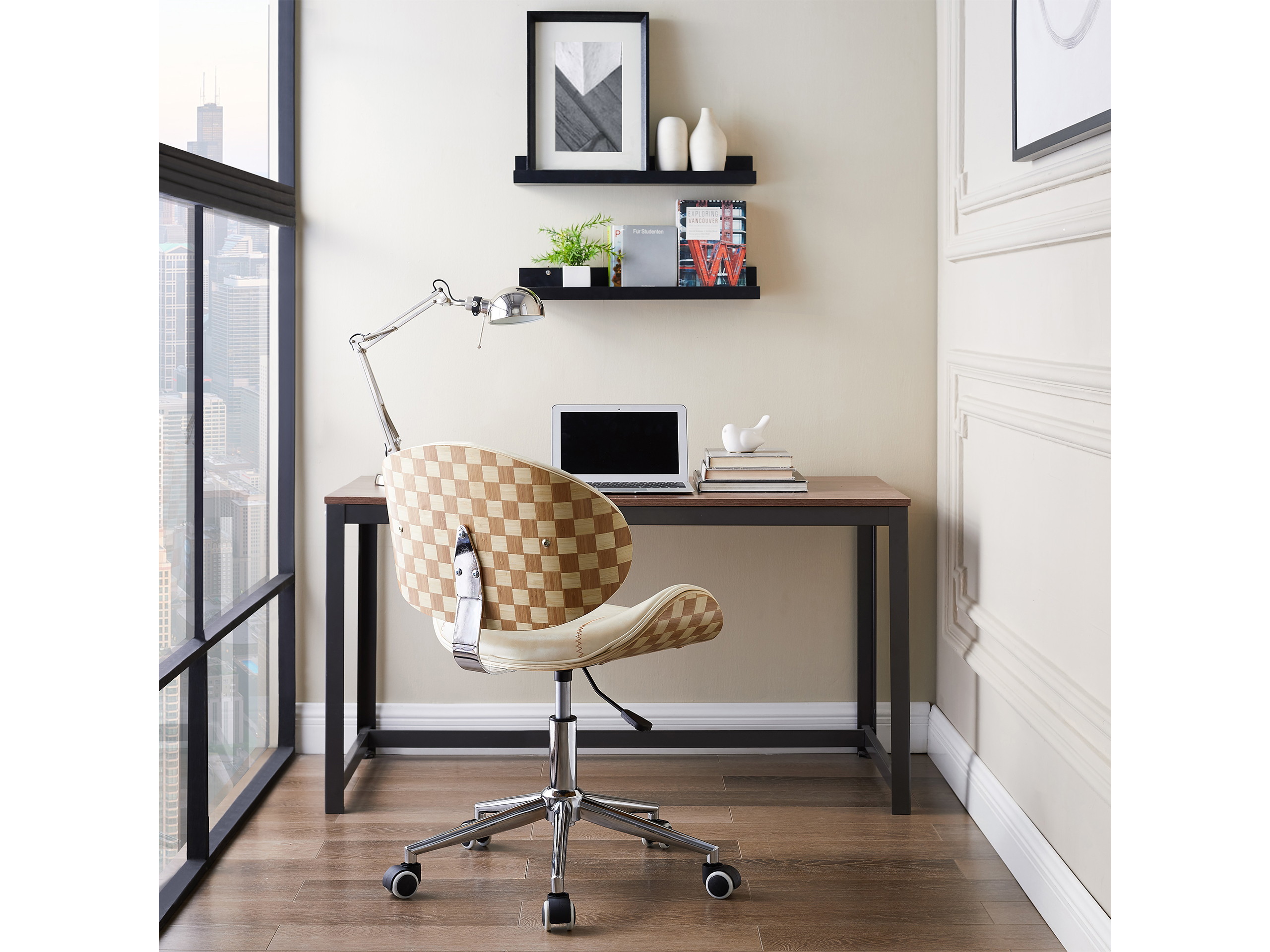 Art-Leon Faux Leather Upholstery Swivel Accent Home Office Desk Chair with 5 Casters and Unique Chess-Board Back Deco