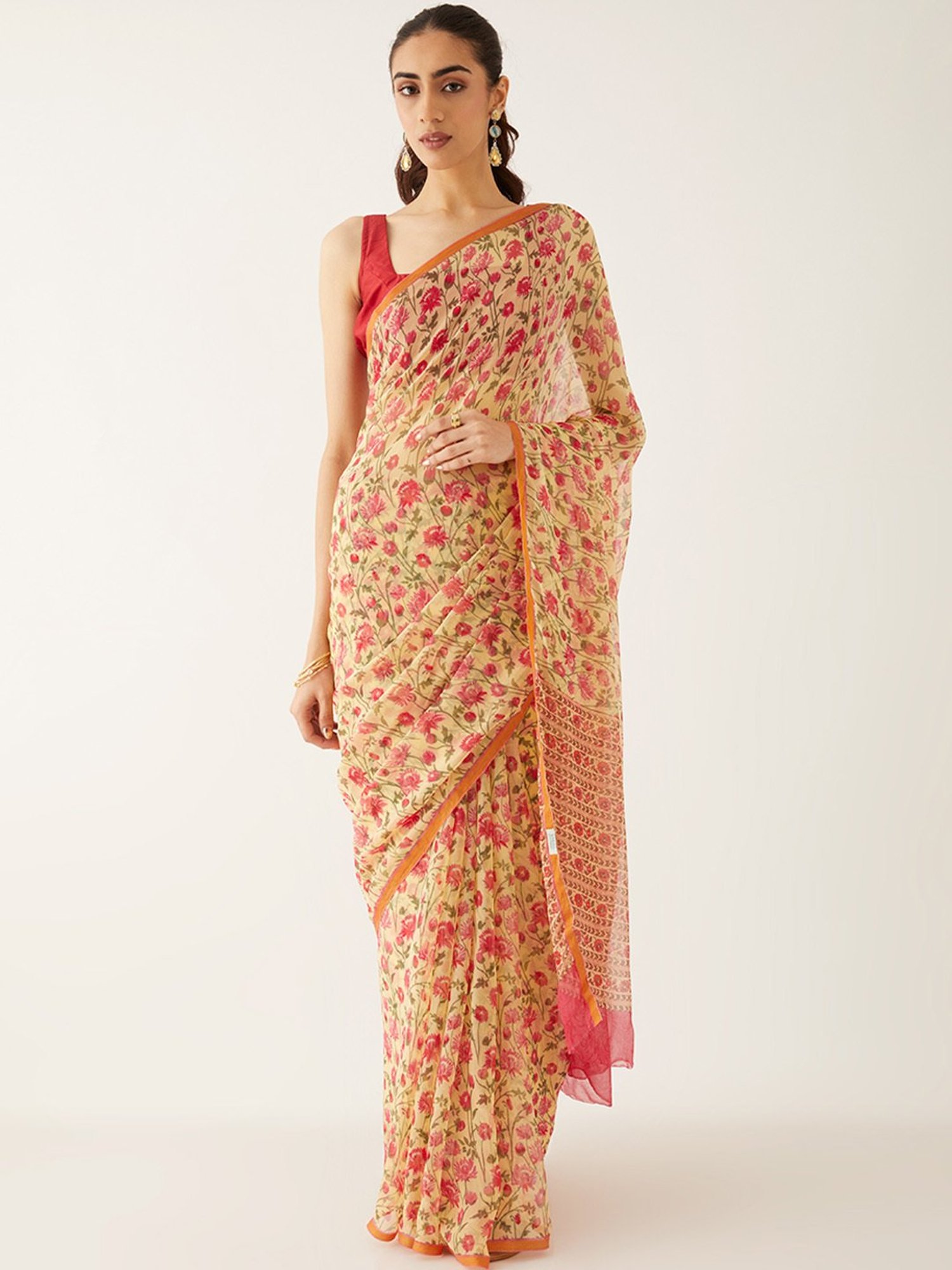 Taneira Light Yellow Floral Print Saree With Unstitched Blouse