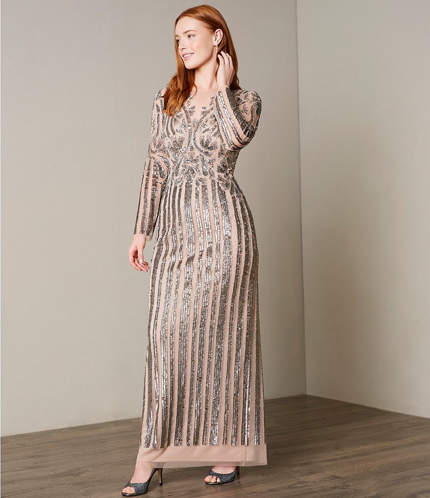 Aidan Mattox Fully Beaded Mesh Crew Neck Long Sleeve Gown