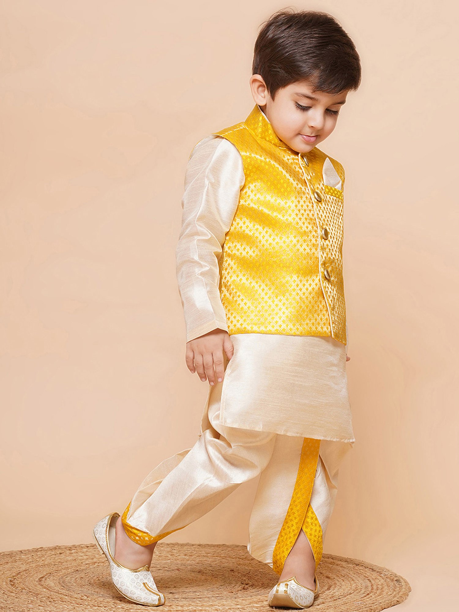 AJ Dezines Kids Beige & Yellow Self Design Full Sleeves Kurta, Dhoti with Waistcoat