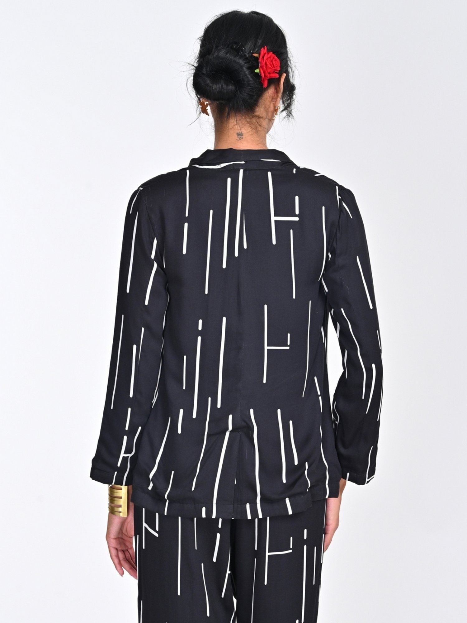 Saltpetre Women Modal Cedar Print Black Shawl Collar Blazer