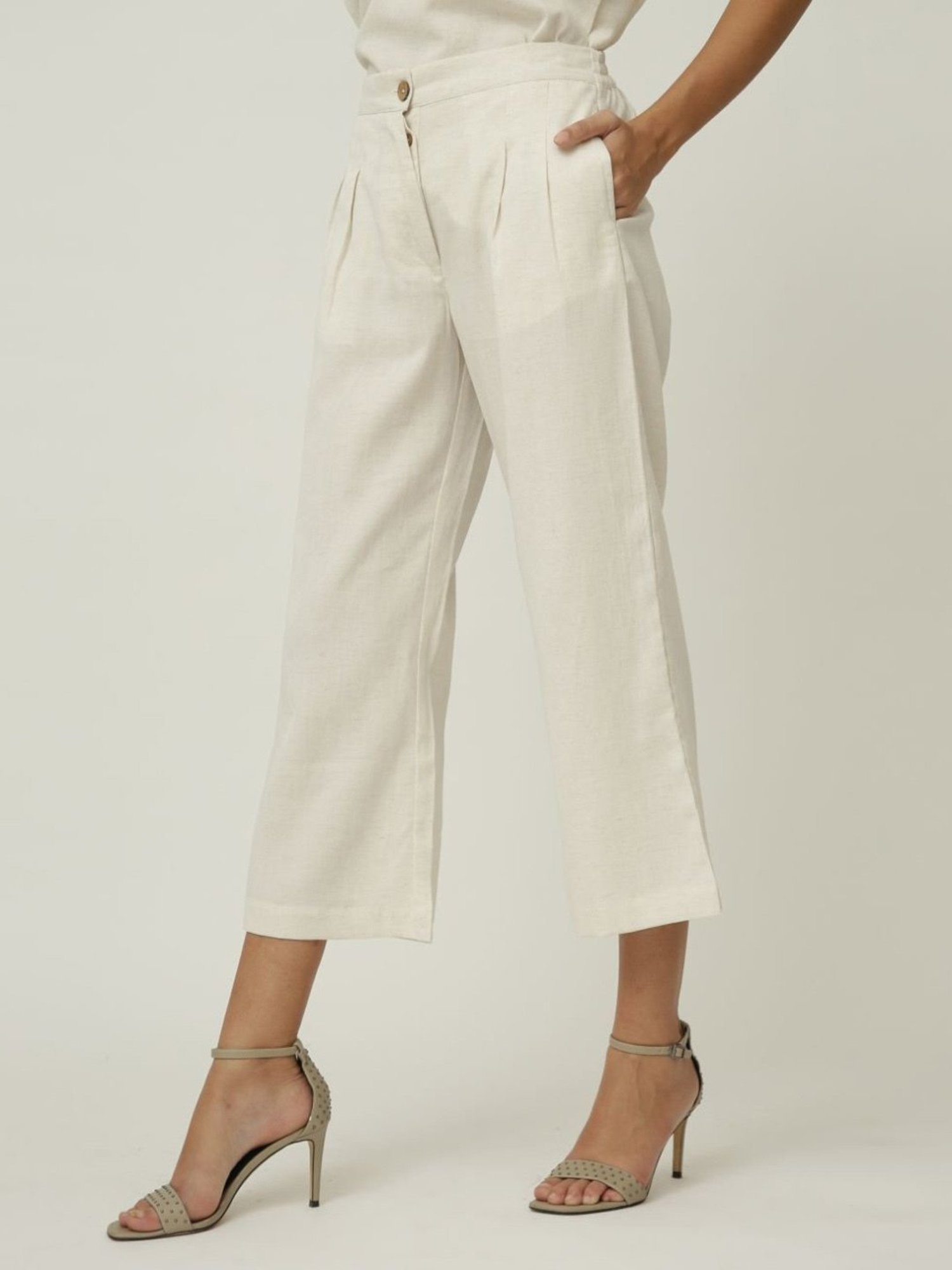 Saltpetre Elegant Linen Black Shirt and Cream Wide Leg Trouser Coord Set