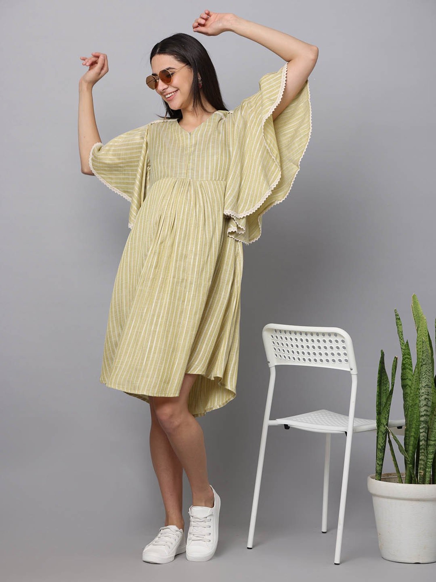 The Mom Store Mint Green Striped Maternity & Nursing Kurta Dress