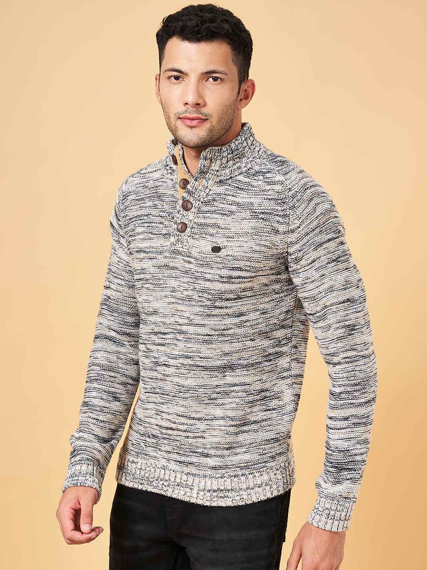 Byford by Pantaloons Beige Slim Fit Self Pattern Sweater