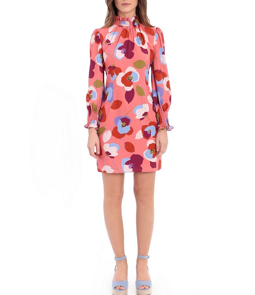 Donna Morgan Raglan Sleeve Mock Neck Floral Dress