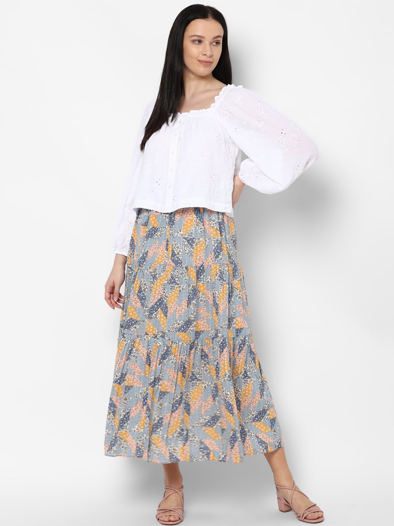 American Eagle Outfitters Blue Printed Below Knee Skirt