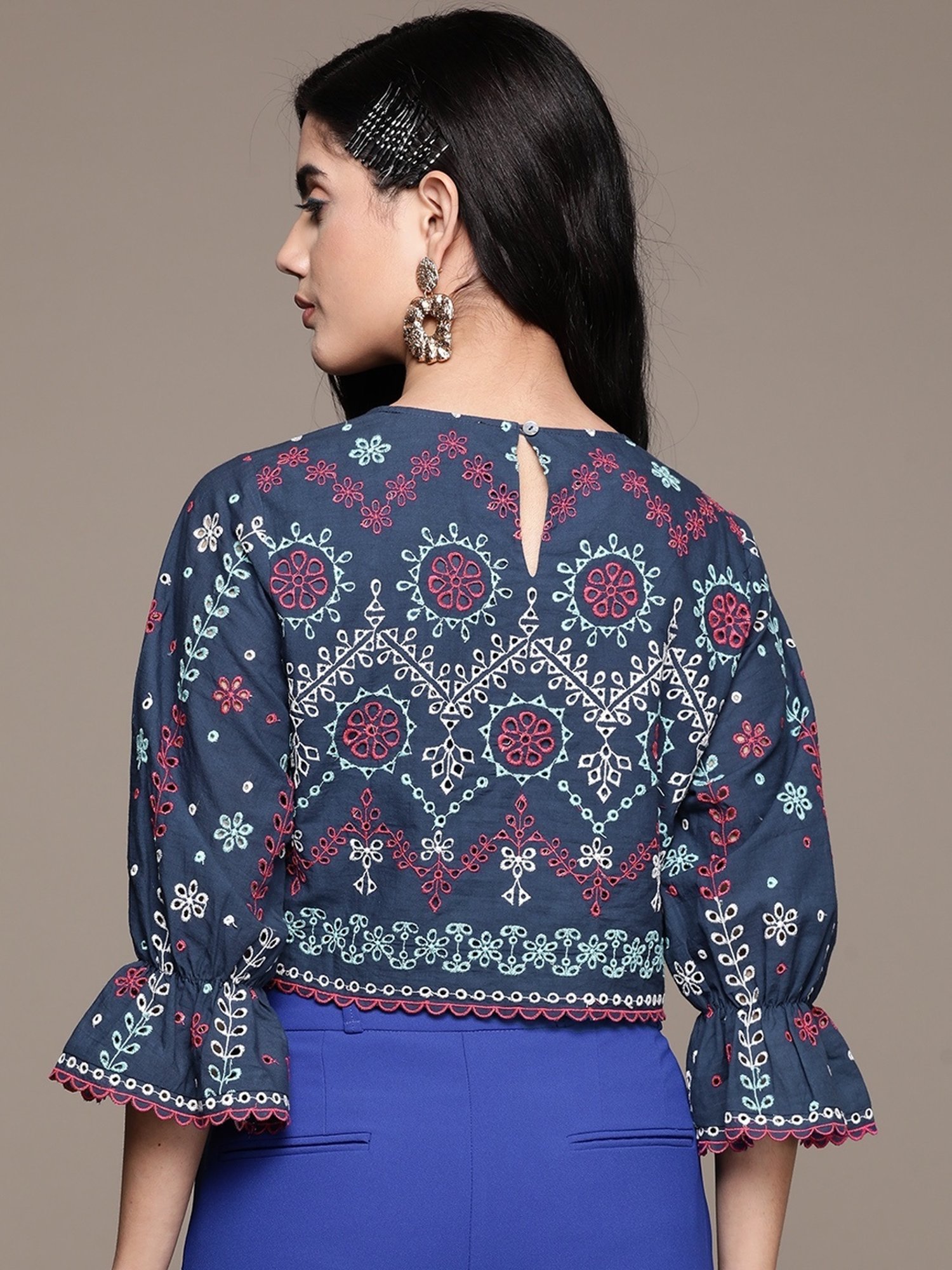 Label Ritu Kumar Navy Blue Cotton Blend Embroidered Crop Top