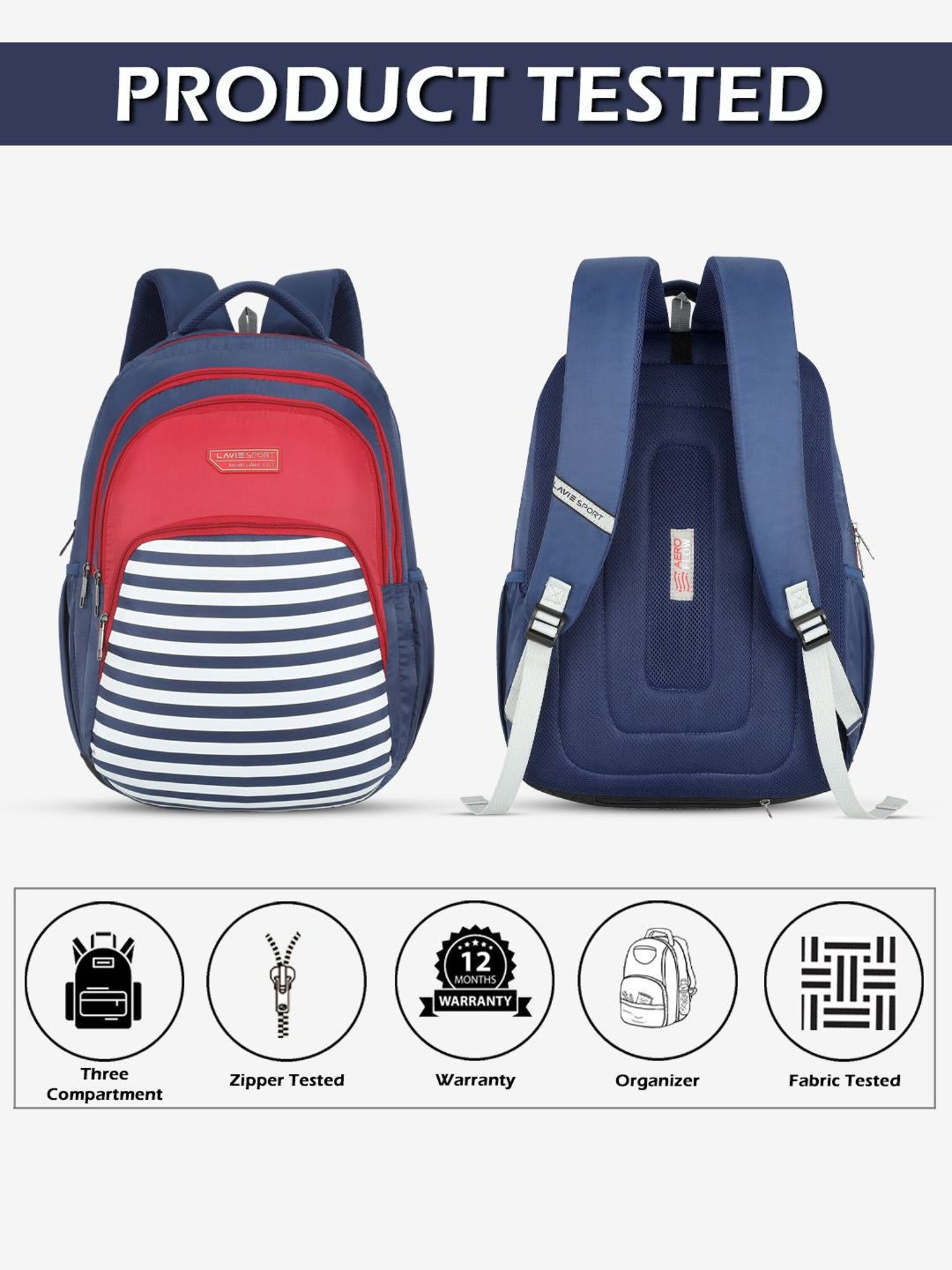 Lavie Sport Nautical 39L Printed School Unisex Backpack with Rain cover for Boys/Girls (Navy)