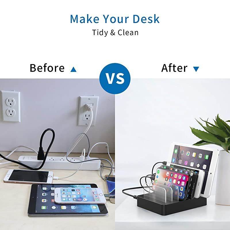 Fastest Charging Station with Quick Charge 3.0,  6 Ports Charging Dock Station Organizer for Multiple Devices, iWatch Stand, 6 Phone Charger Cables, for Smartphone, Tablet, Kindle [UL Listed]