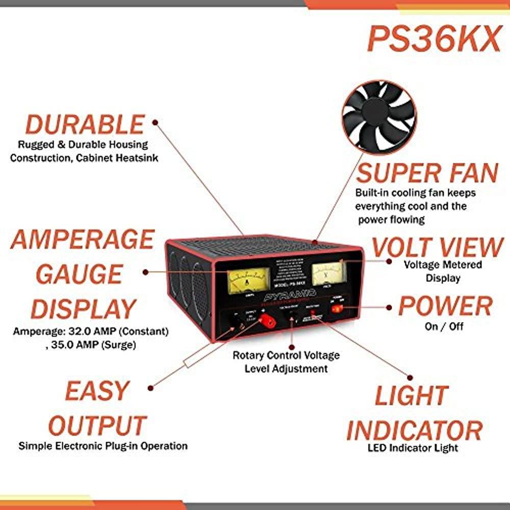 Pyramid Car Audio PS36KX 32-Amp Power Supply with Built-in Cooling Fan