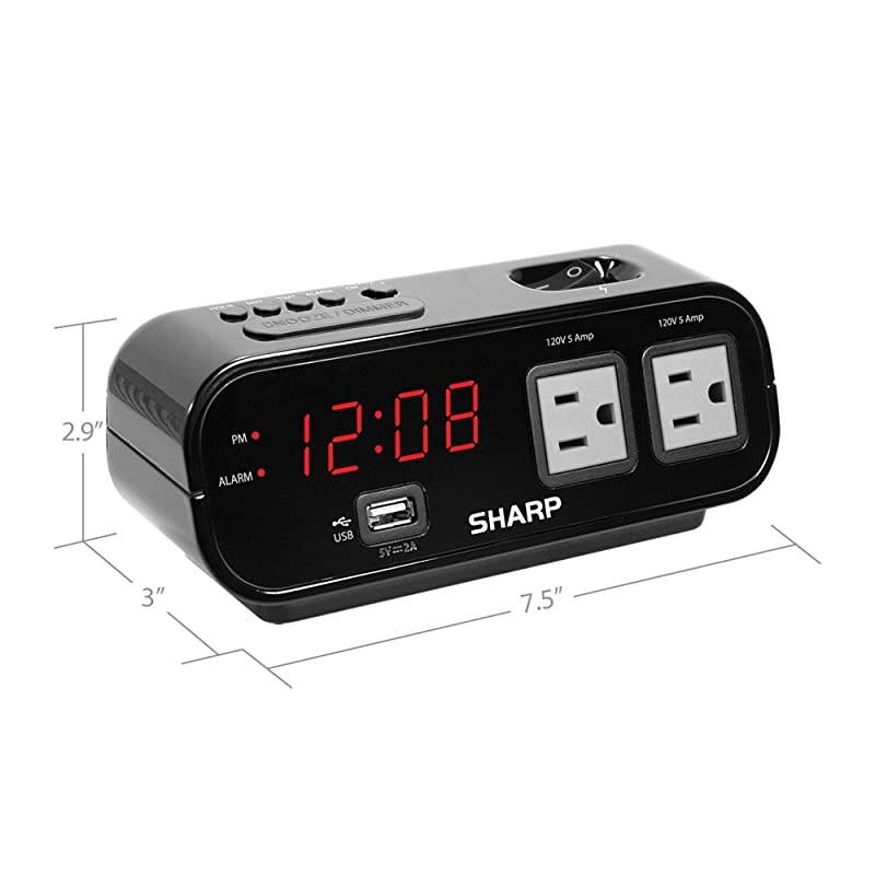 Digital Alarm Clock with 2X Power Outlets with Surge Protect and Rapid Charge USB Port Grey Outlets