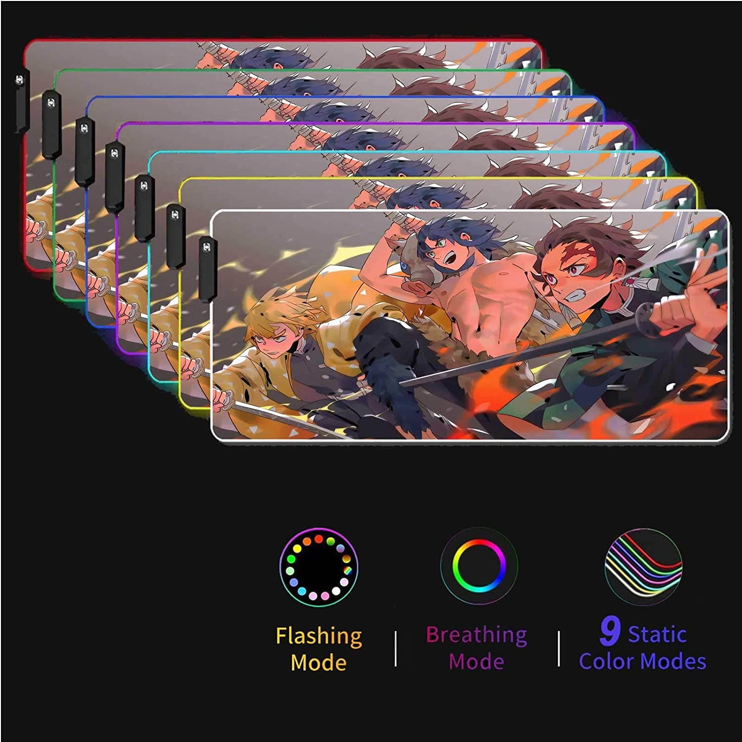 RGB Gaming Mouse Pad Anime Demon Slayer Kimetsu Tanjiro Inosuke Zenitsu,Laptop Desk Pad,Mousepad with Stitched Edge Frame & Non-Slip Rubber Base,Computer Keyboard and Mice Pads Mouse Mat 23.6X13.8