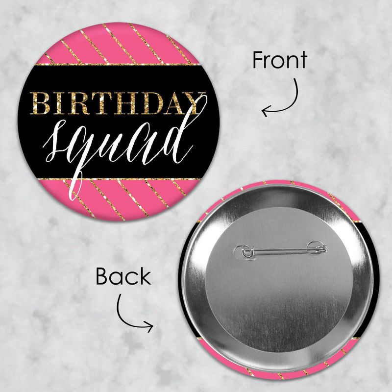 Big Dot of Happiness Chic Happy Birthday - Pink, Black and Gold - 3 inch Birthday Party Badge - Pinback Buttons - Set of 8