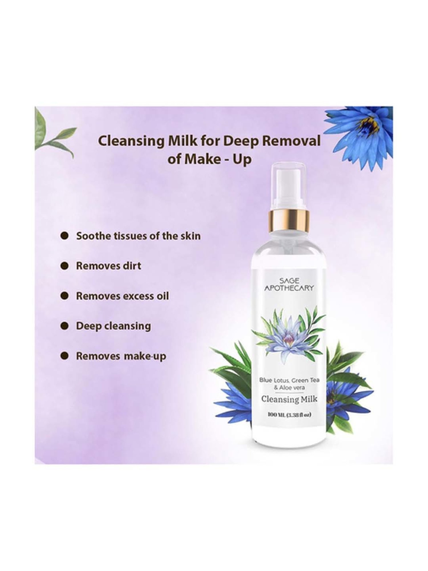 Sage Apothecary Blue Lotus Green Tea & Aloe Vera Cleansing Milk - 100 ml