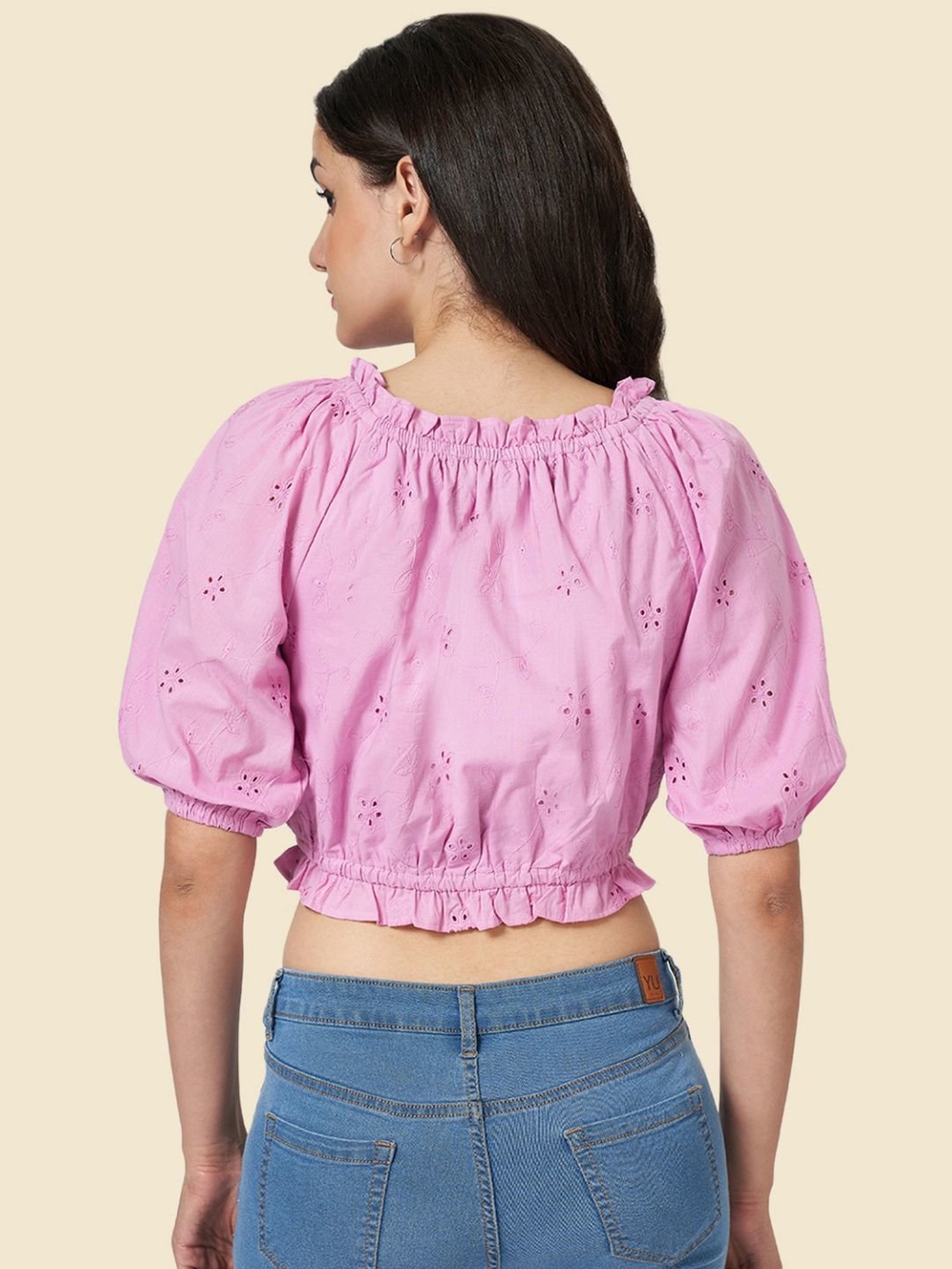 YU by Pantaloons Purple Cotton Self Pattern Crop Top