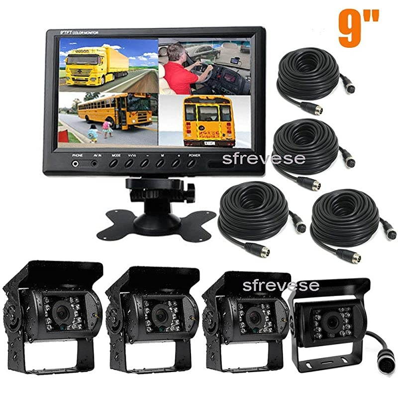 Backup Cameras Monitor kit, 4X 4Pin 18 LED IR Car Reversing Backup Parking Camera+ 9" LCD 1/2/3/4CH Split Monitor Car Rear View Kit for Bus Truck Motorhome Caravan Trailer Camper 12V-24V