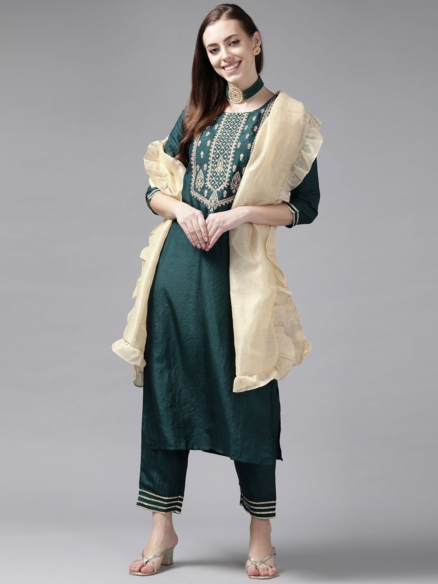 Indo Era Beige Striped Dupatta