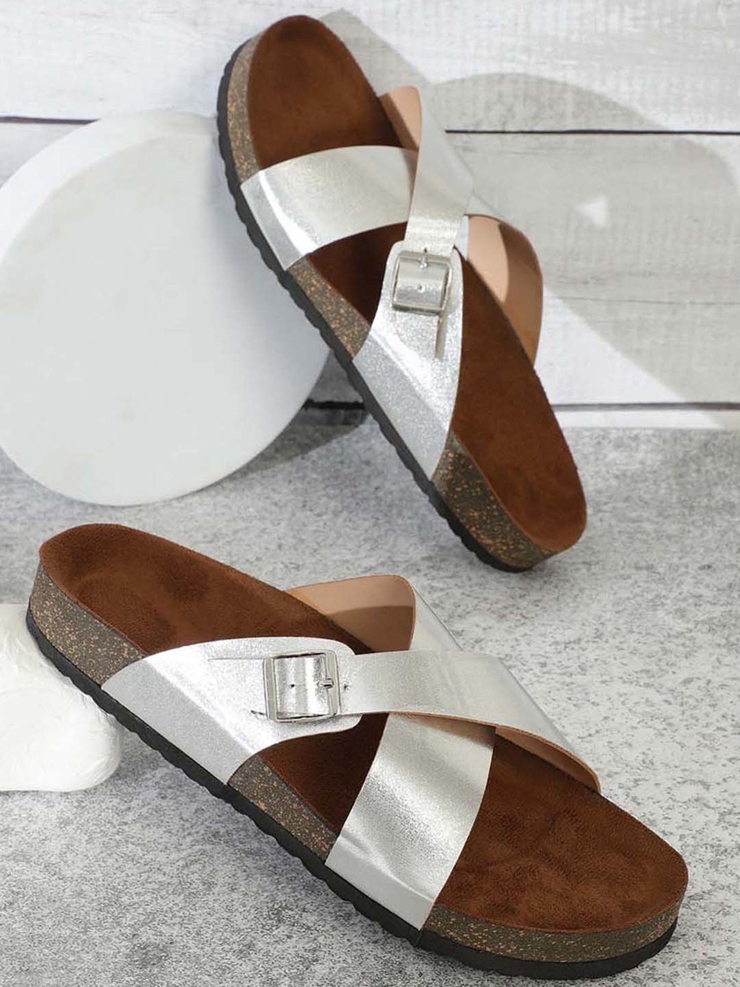 Mozafia Women's Silver Cross Strap Sandals