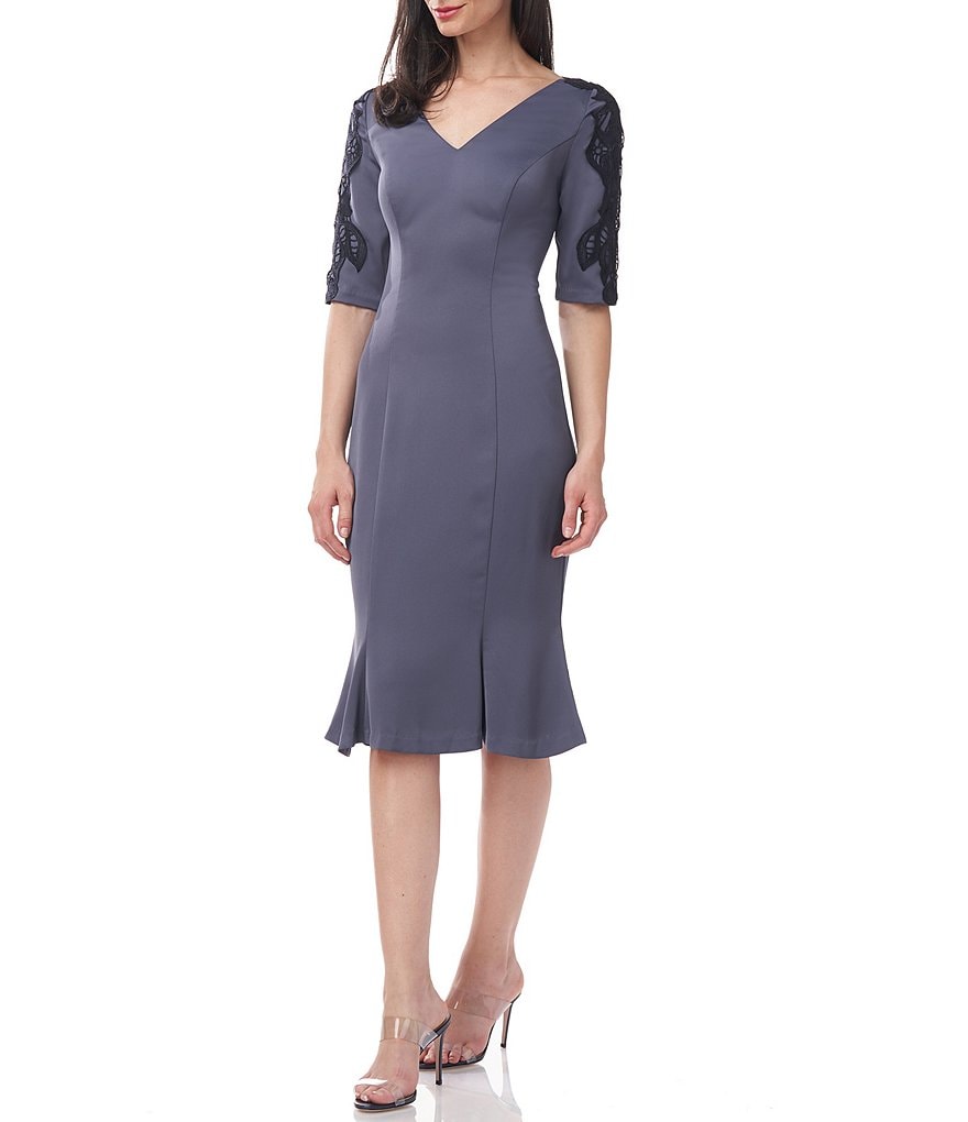 JS Collections V-Neck Embroidered 3/4 Sleeve Crepe Dress