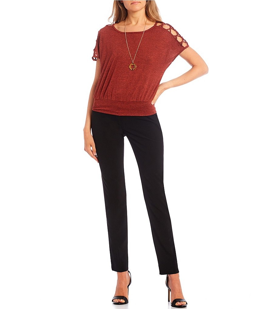 I.N. San Francisco Lattice Short-Dolman Sleeve Solid Knit Top