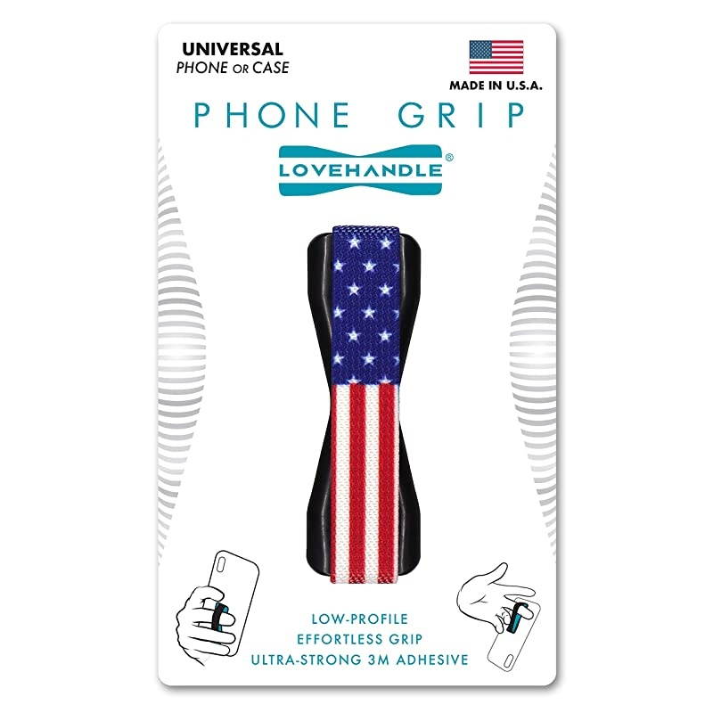 Phone Grip for Most Smartphones and Mini Tablets, USA Flag Design Colored Elastic Strap with Black Base, LH-01USAFlagBlk
