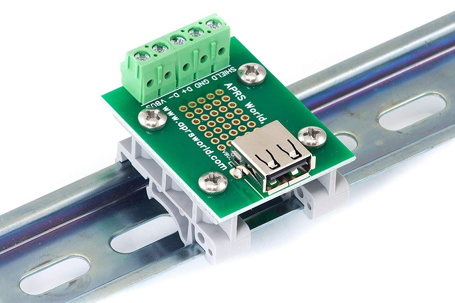 USB A Jack Breakout Board to Screw Terminals with DIN Rail Clips