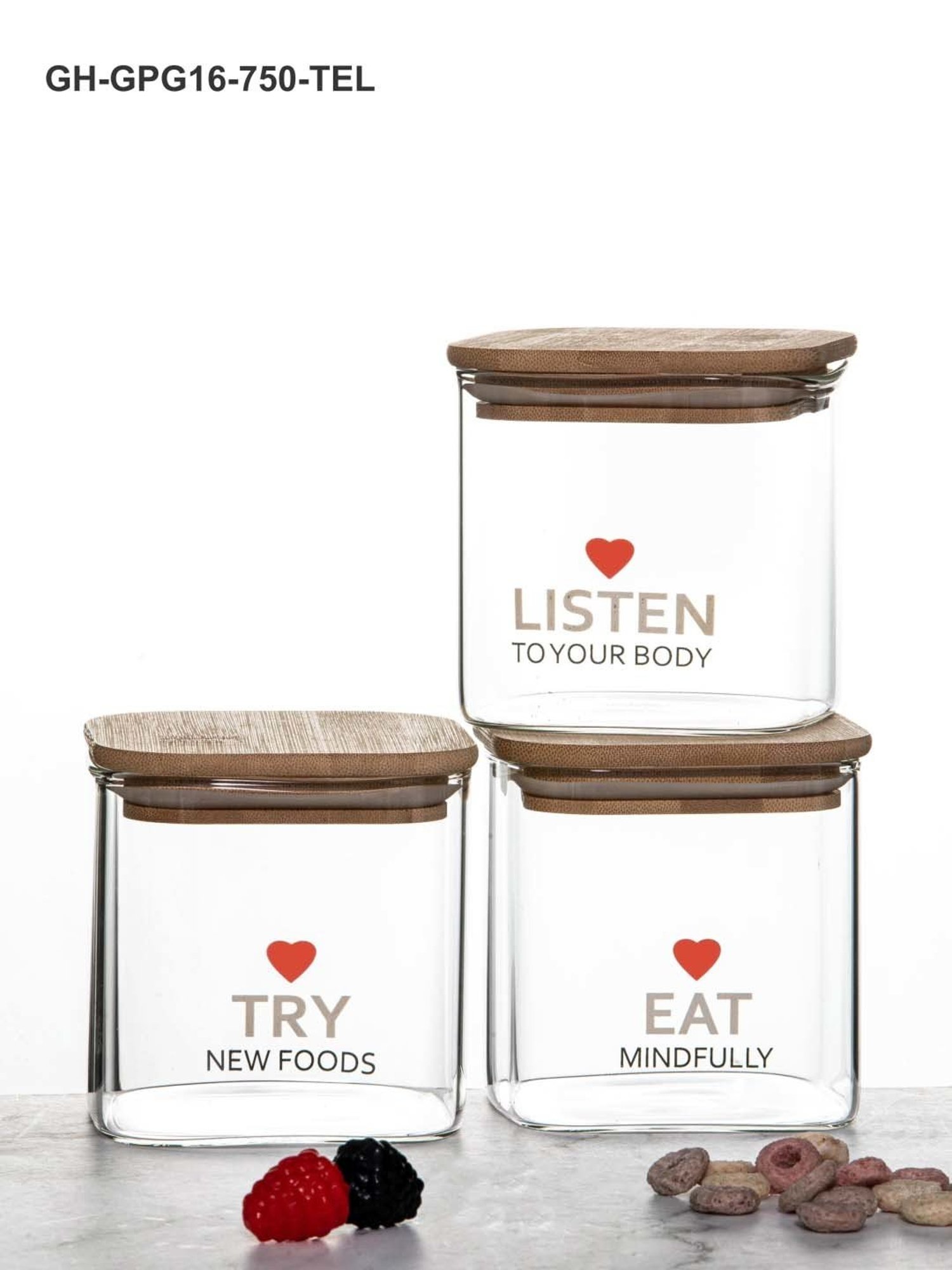 Goodhomes Transparent Glass Storage Jar With Straw & Wooden Lid (0.75 L) - Set of 3