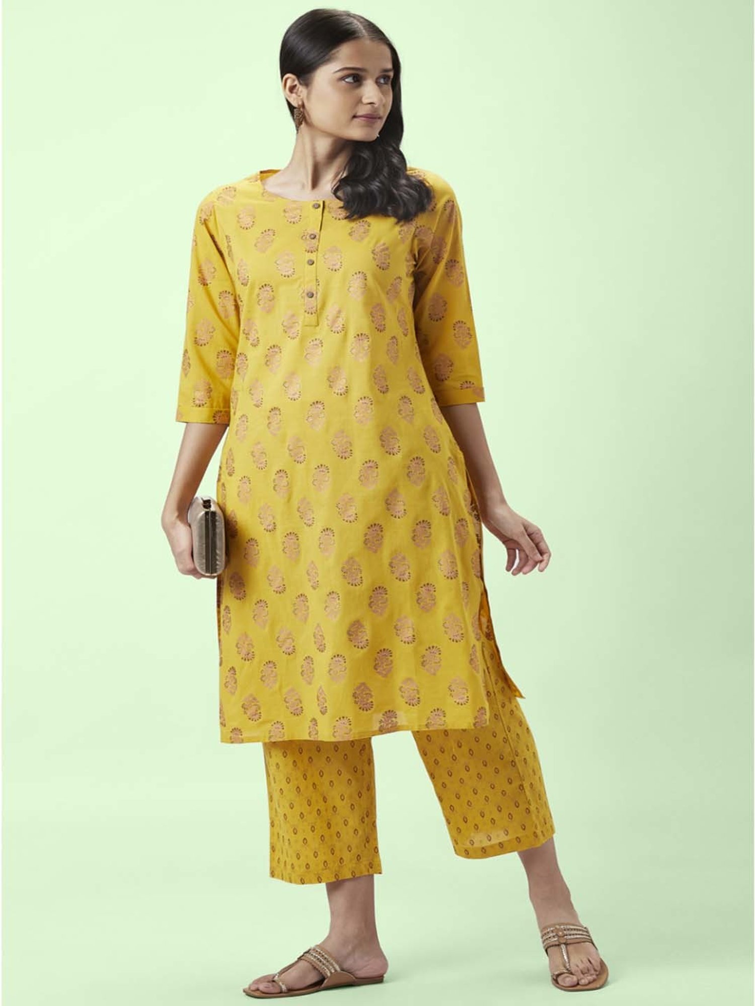 Rangmanch by Pantaloons Yellow Cotton Floral Print Kurta Palazzo Set
