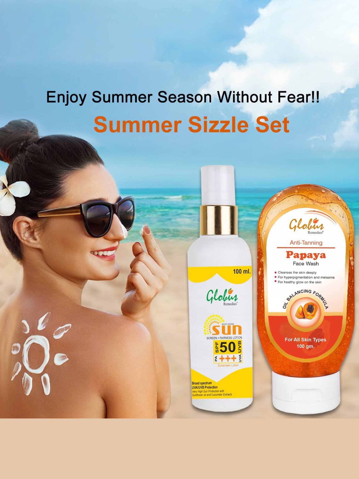 Globus Remedies Sunscreen Fairness Lotion SPF 50+++ & Papaya Face Wash Combo