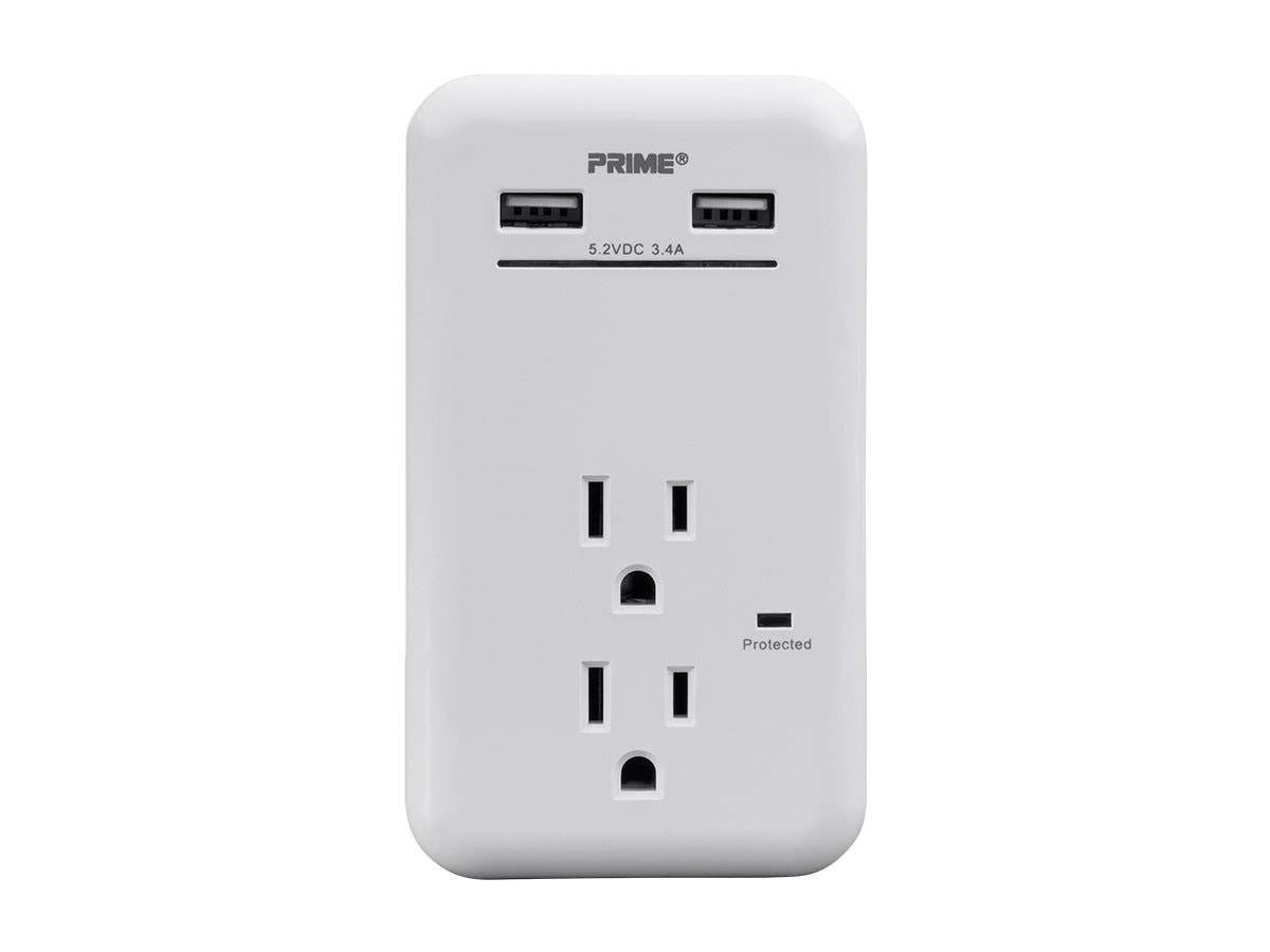 Monoprice 2 Outlet Surge Protector Wall Tap with 2 USB Charging Ports 3.4A, 450 Joules, White