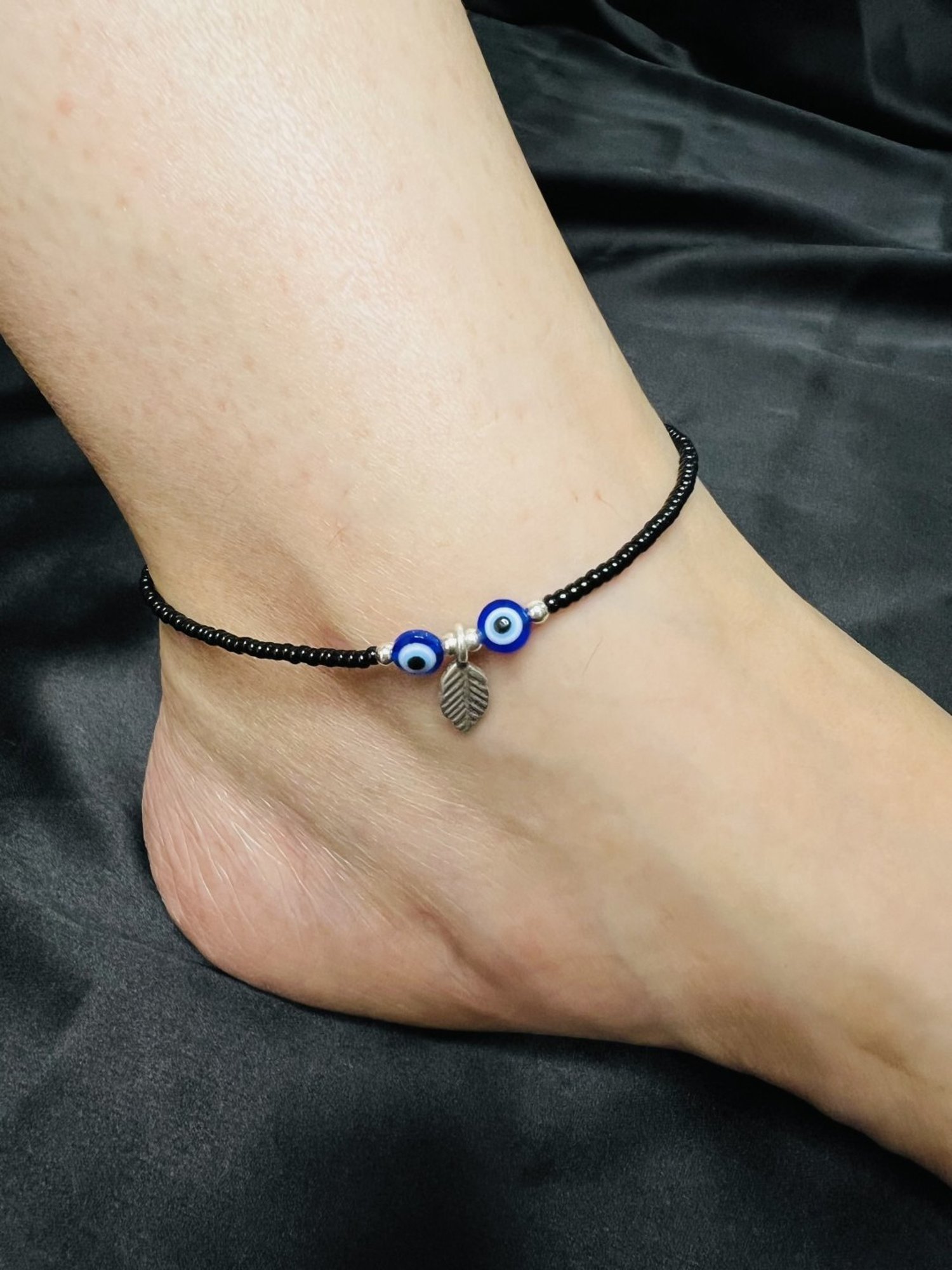 Arte Jewels 925 Sterling Silver Black Beads Evil Eye Anklet for Women & Girls (Single Anklet)
