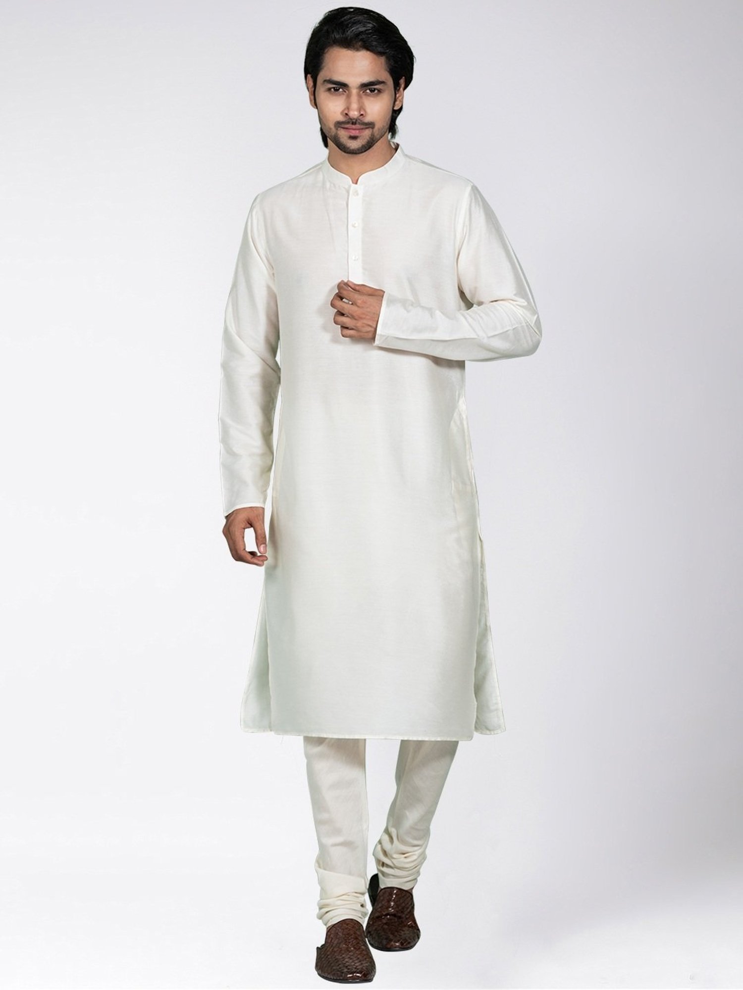 KISAH Black & White Cotton Regular Fit Sherwani Set