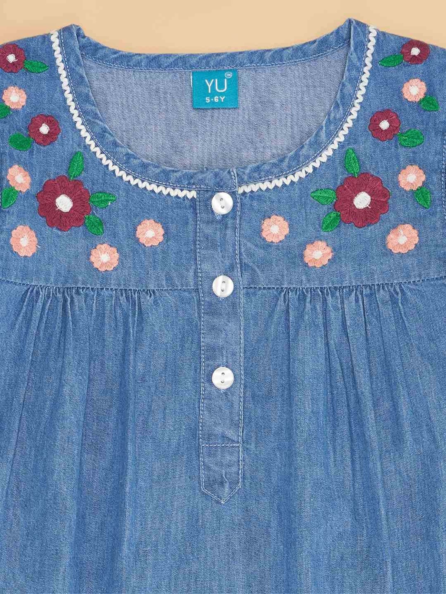 YU by Pantaloons Kids Blue Cotton Embroidered Dress