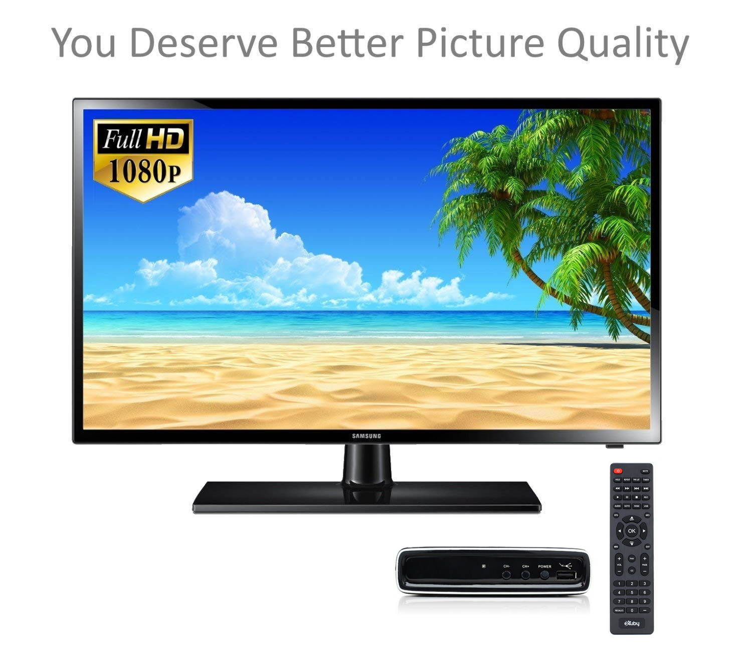 eXuby Digital Converter Box for TV + Flat Antenna + HDMI Cable for Recording & Watching Full HD Channels for FREE (Instant & Scheduled Recording, DVR, 1080P, HDMI Output, 7 Day Guide & LCD Screen)