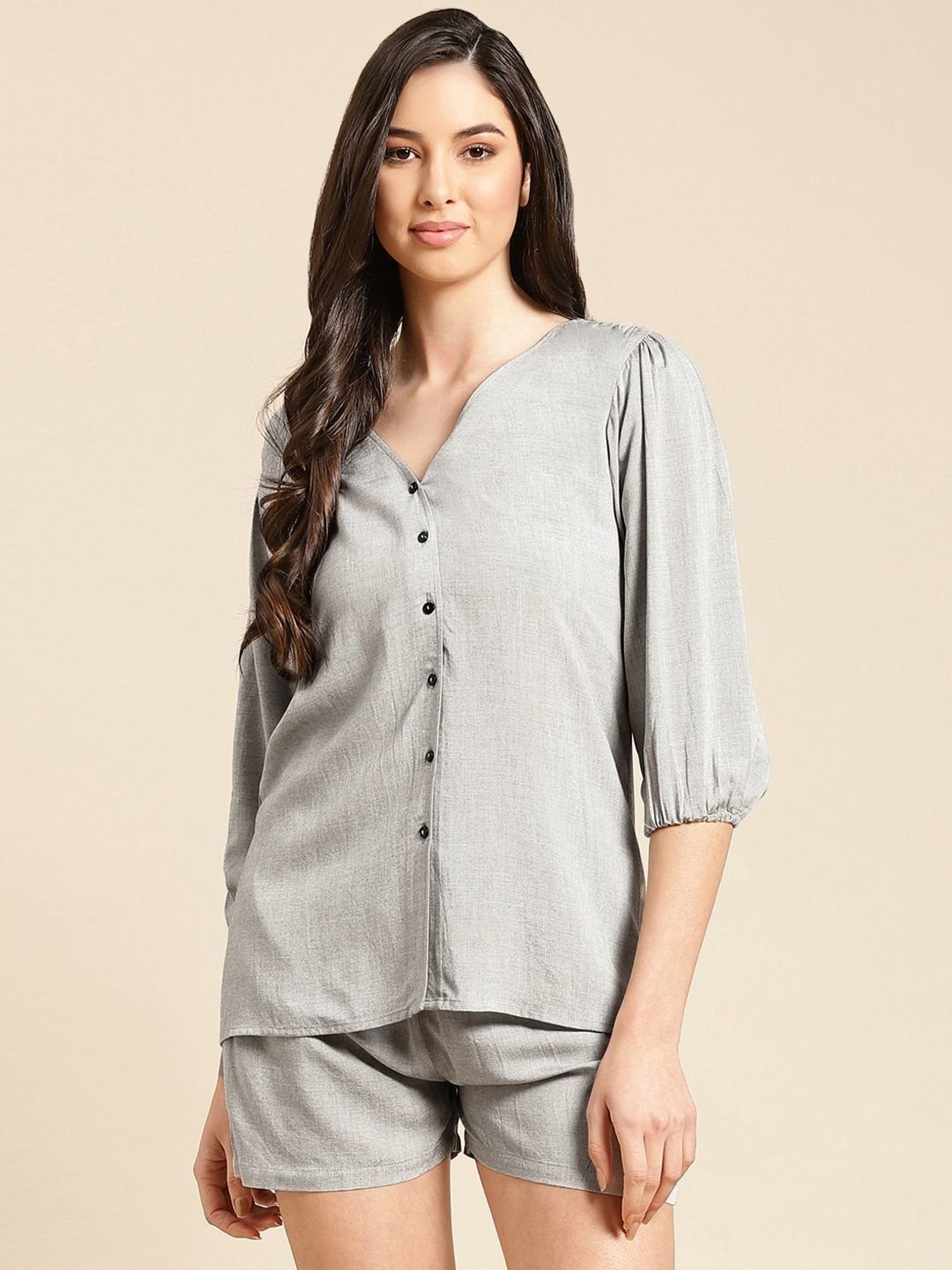 Prakrti Grey V Neck Top Shorts Set