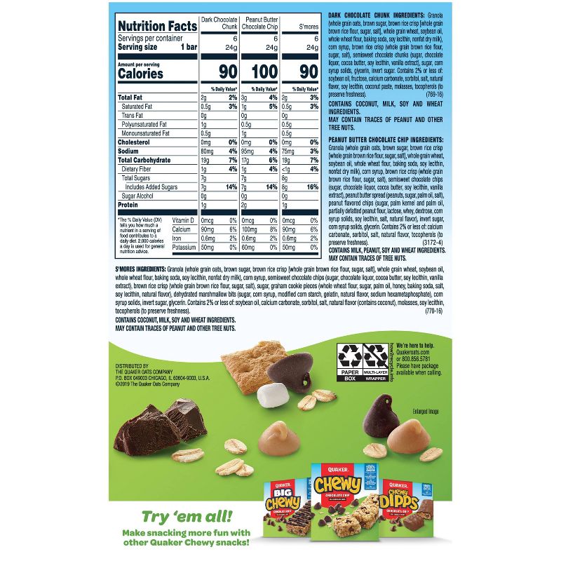 Quaker Chewy Dark Chocolate Chunk, Peanut Butter Chocolate Chip & S'mores Granola Bars Variety Pack - 18ct