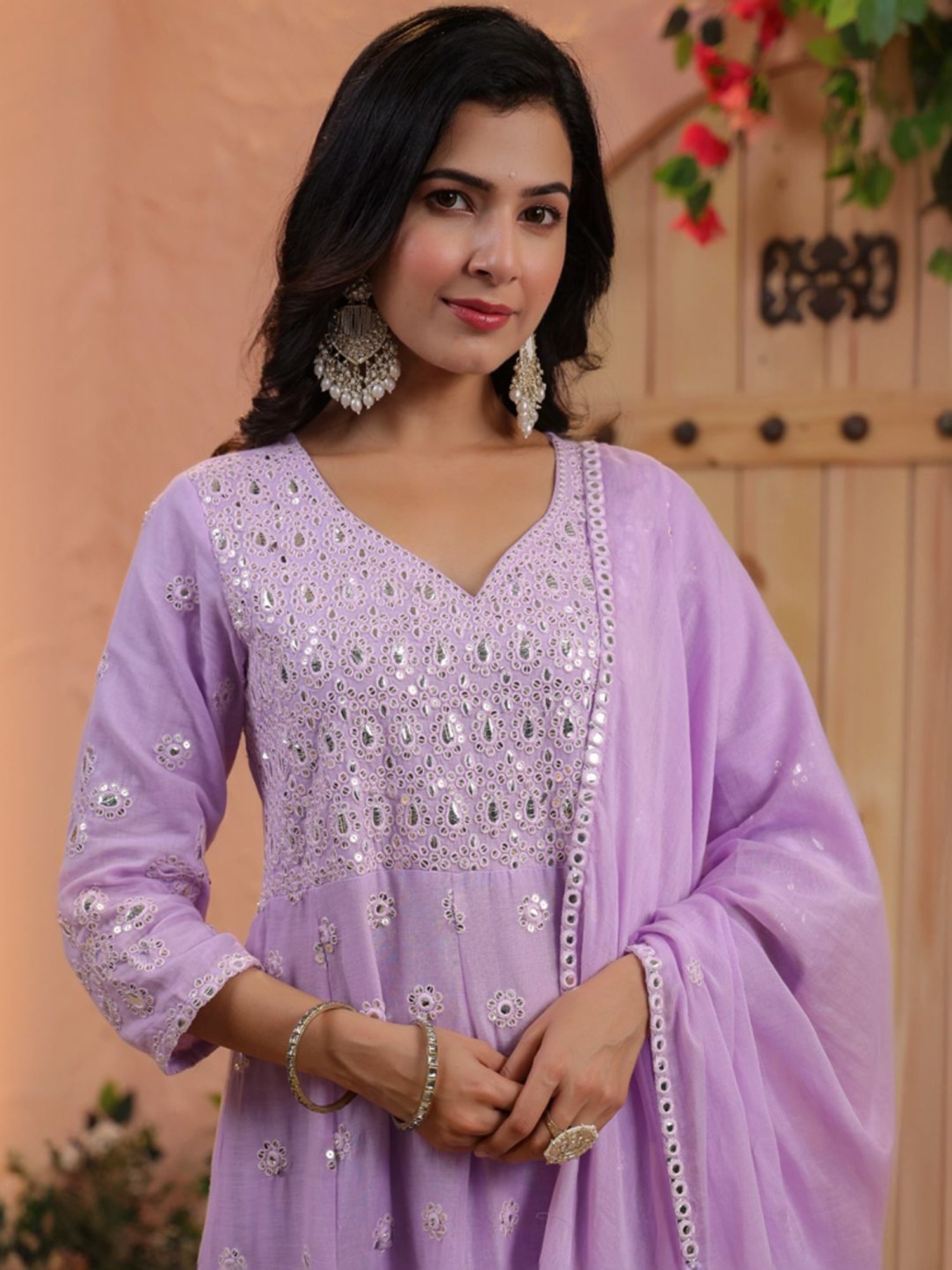 SCAKHI Purple Cotton Embroidered Kurta Pant Set With Dupatta