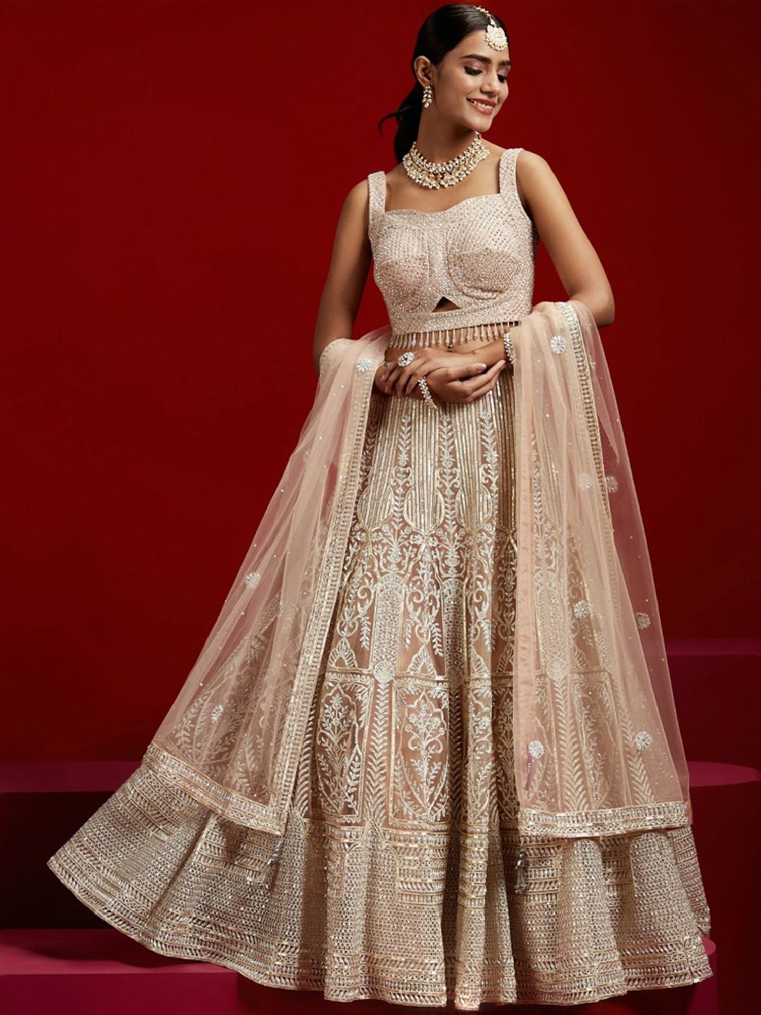 Libas Art Peach Embellished Lehenga Choli Set With Dupatta